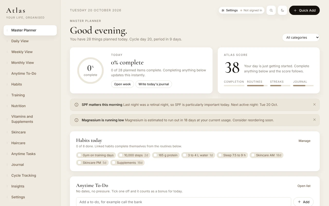 The Atlas master planner on a laptop: today's progress ring, the Atlas score, habits for today and the morning list
